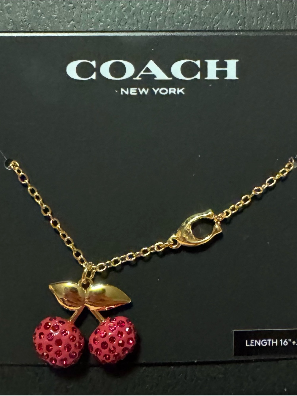 COACH NEW YORK GOLD TONE PAVE CHERRY PENDANT NECKLACE 16"*2" New With Tags/box
